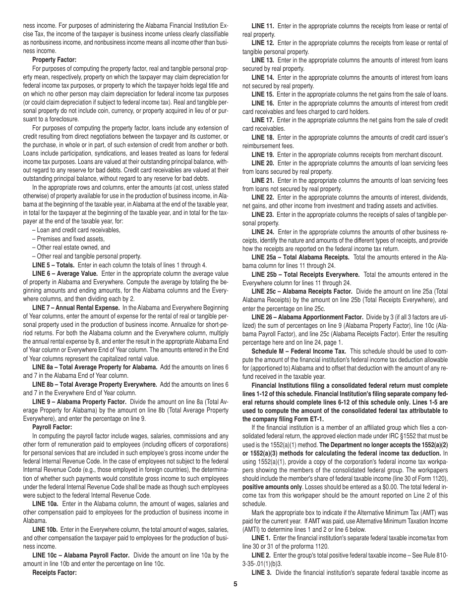 Instructions for Form ET-1 Financial Institution Excise Tax - Alabama, Page 5