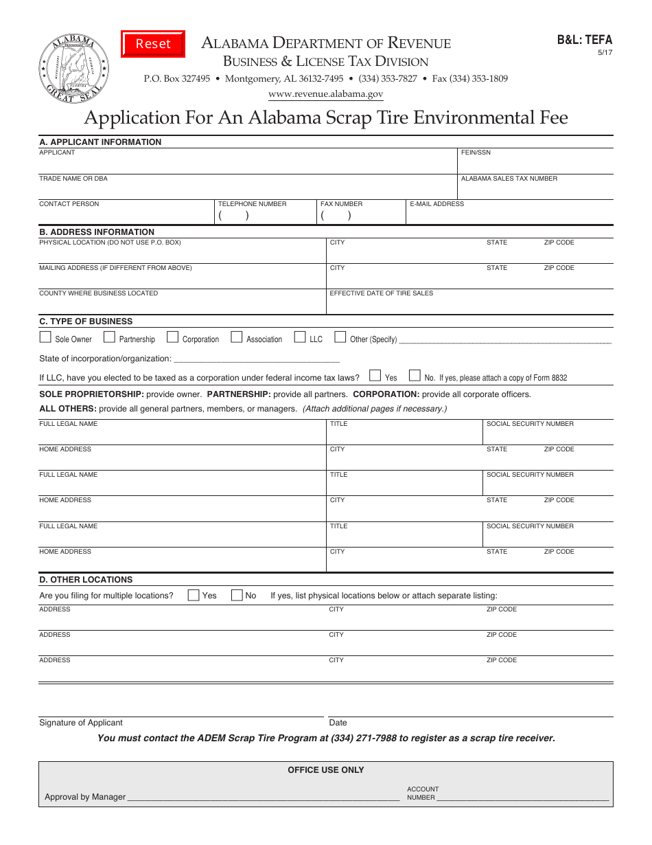 Form BL:TEFA Application for an Alabama Scrap Tire Environmental Fee - Alabama, Page 1