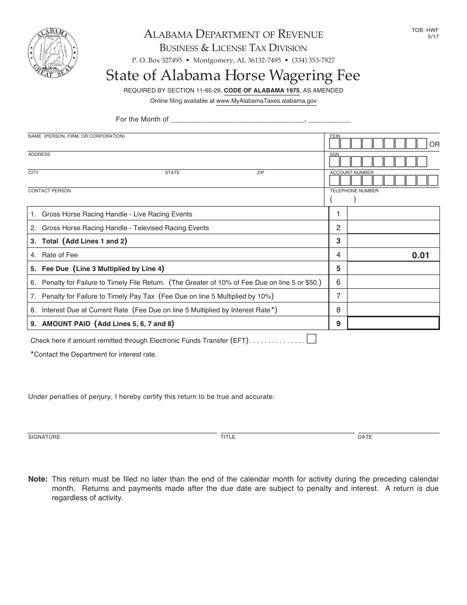 Form TOB: HWF State of Alabama Horse Wagering Fee - Alabama, Page 1
