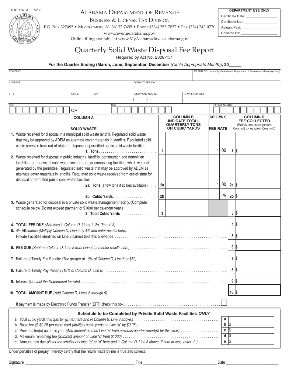 Form TOB: SWST Quarterly Solid Waste Disposal Fee Report - Alabama, Page 1