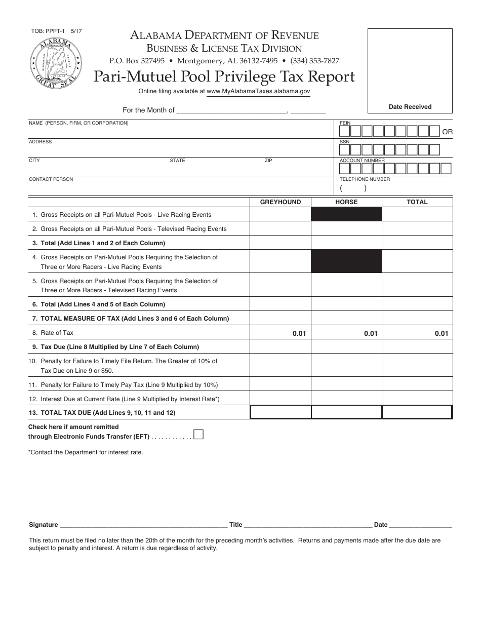 Form TOB: PPPT-1 Pari-Mutuel Pool Privilege Tax Report - Alabama, Page 1