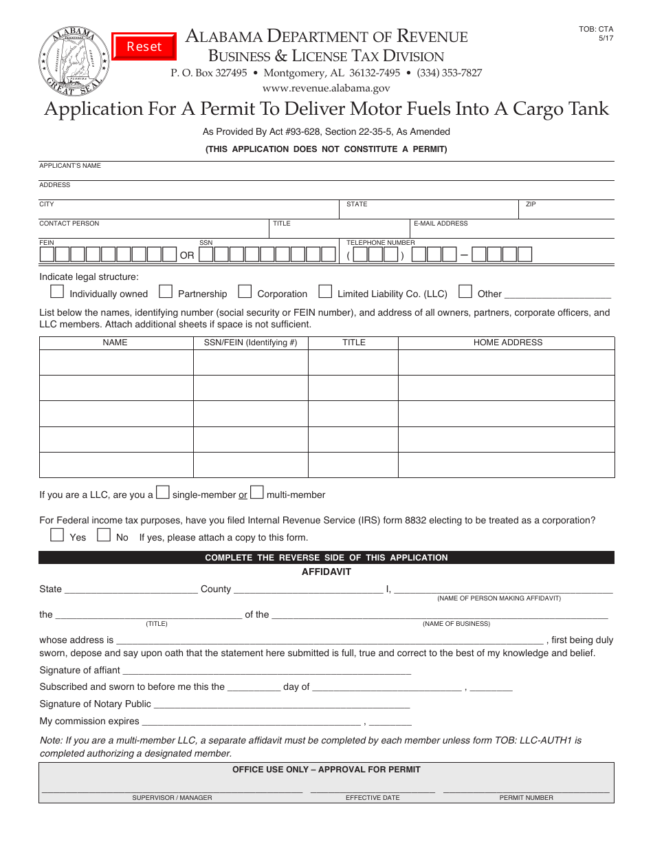 Form TOB: CTA Application for a Permit to Deliver Motor Fuels Into a Cargo Tank - Alabama, Page 1