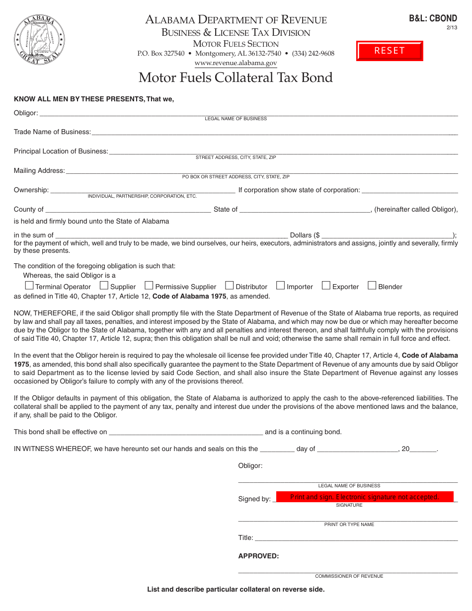 Form BL: CBOND Motor Fuels Collateral Tax Bond - Alabama, Page 1
