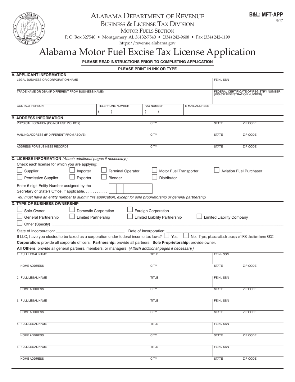 Form BL: MFT-APP Alabama Motor Fuel Excise Tax License Application - Alabama, Page 1