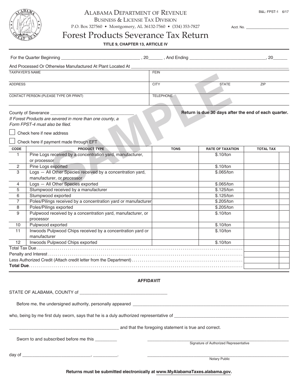 Form BL: FPST-1 Forest Products Severance Tax Return - Sample - Alabama, Page 1