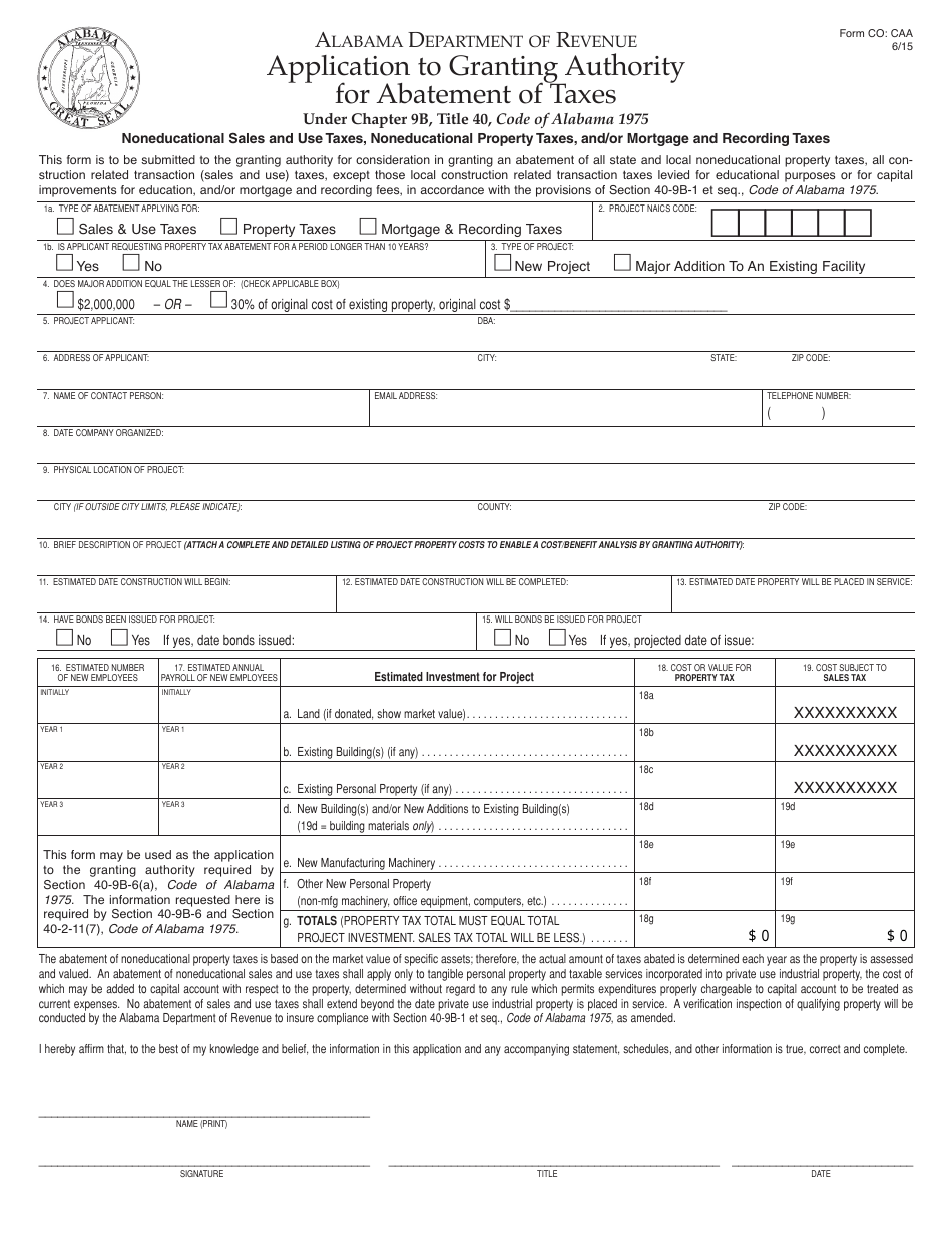 Form CO: CAA Application to Granting Authority for Abatement of Taxes Under Chapter 9g, Title 40, Code of Alabama 1975 - Alabama, Page 1