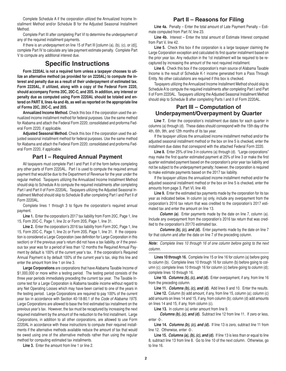 Instructions for Form 2220AL Underpayment of Estimated Tax for Corporations - Alabama, Page 2