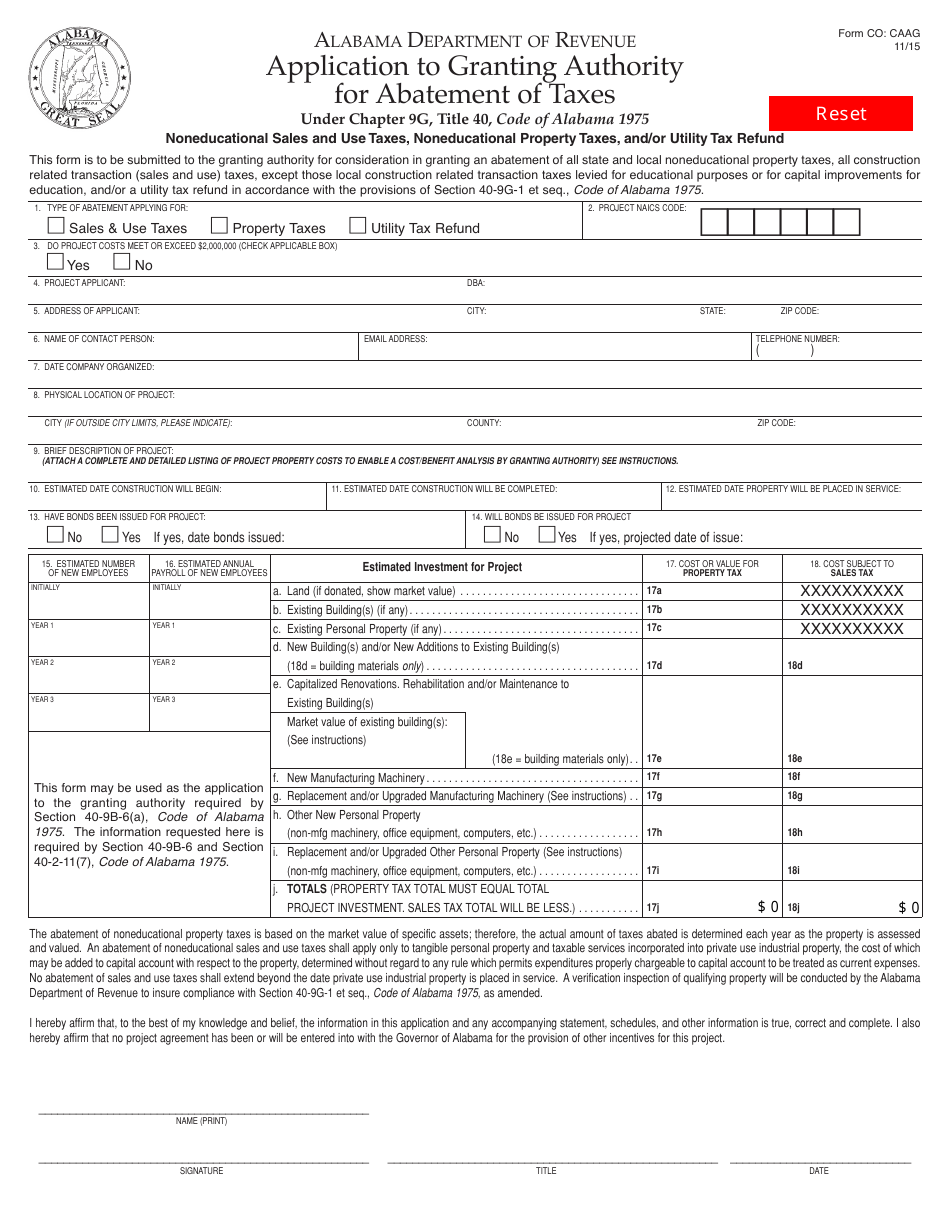 Form CO: CAAG Application to Granting Authority for Abatement of Taxes - Alabama, Page 1
