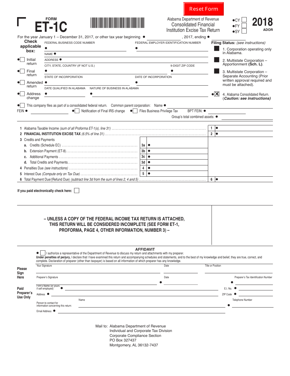 Form ET-1C Consolidated Financial Institution Excise Tax Return - Alabama, Page 1