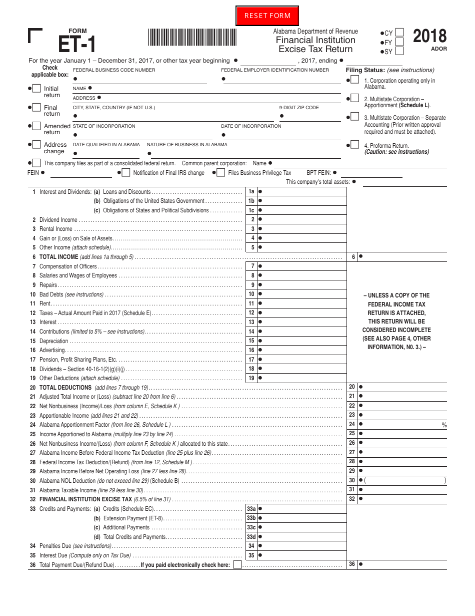 Form ET-1 Financial Institution Excise Tax Return - Alabama, Page 1