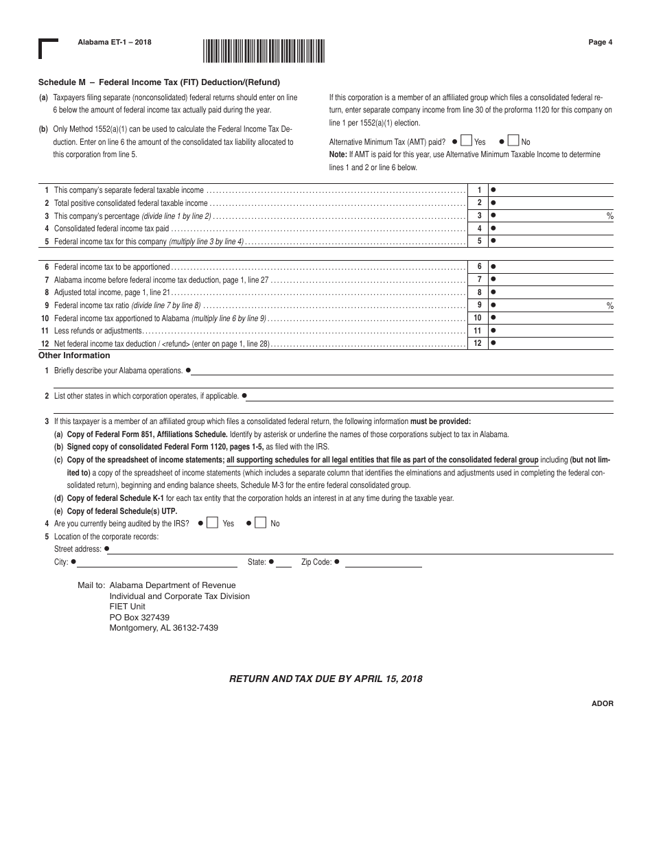 Form ET-1 Financial Institution Excise Tax Return - Alabama, Page 4
