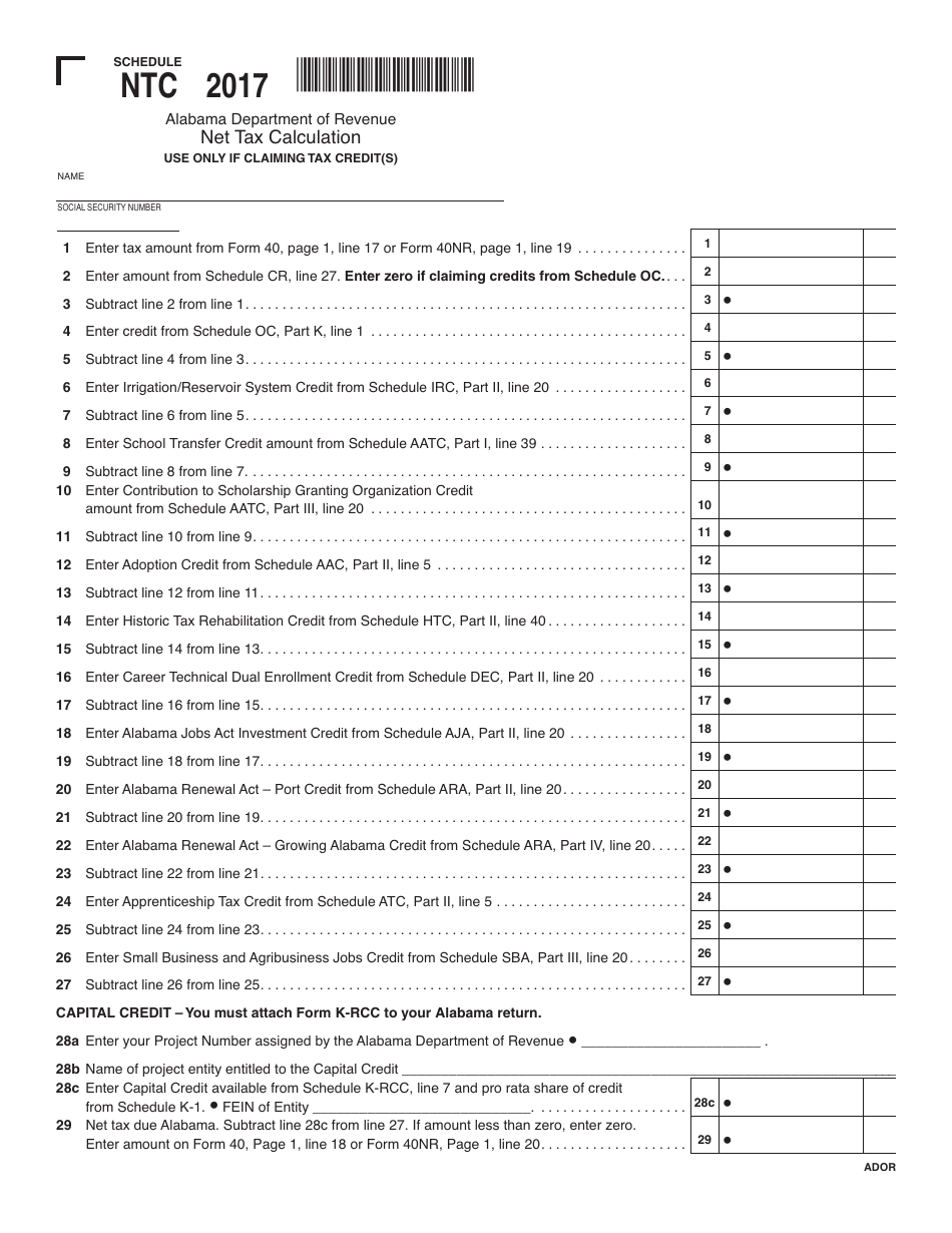 Schedule NTC Net Tax Calculation - Alabama, Page 1