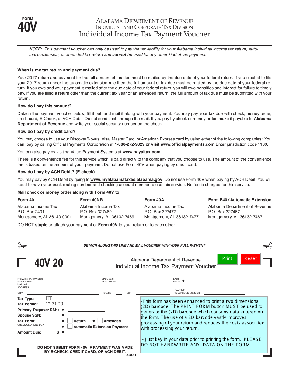 Form 40V Individual Income Tax Payment Voucher - Alabama, Page 1