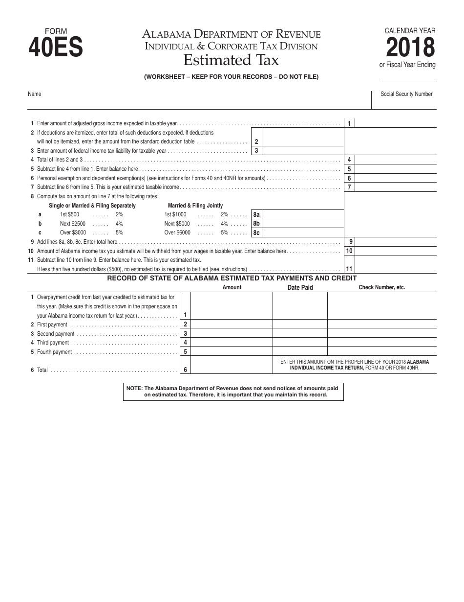Form 40ES Individual Estimated Tax Form - Alabama, Page 1