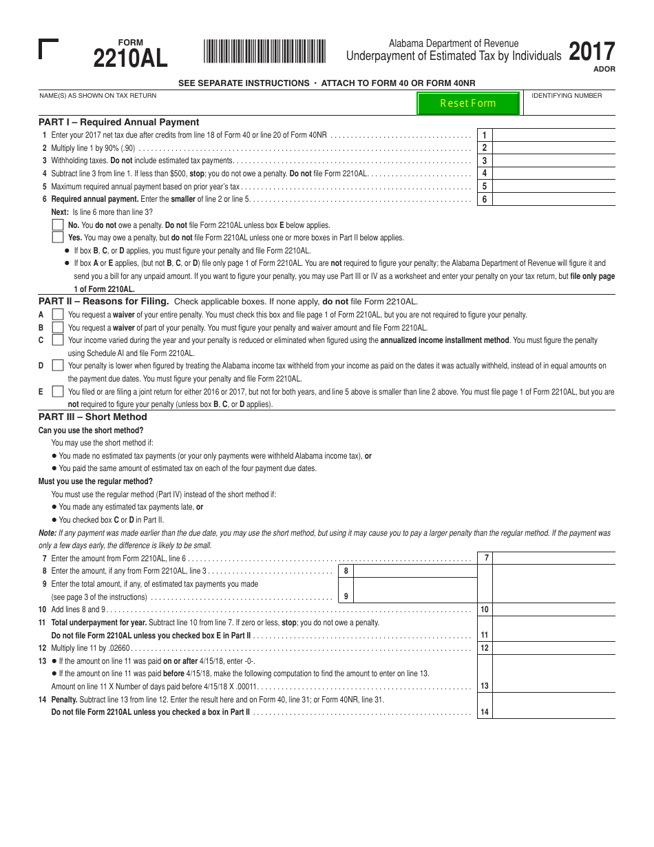 Form 2210AL Underpayment of Estimated Tax by Individuals - Alabama, Page 1