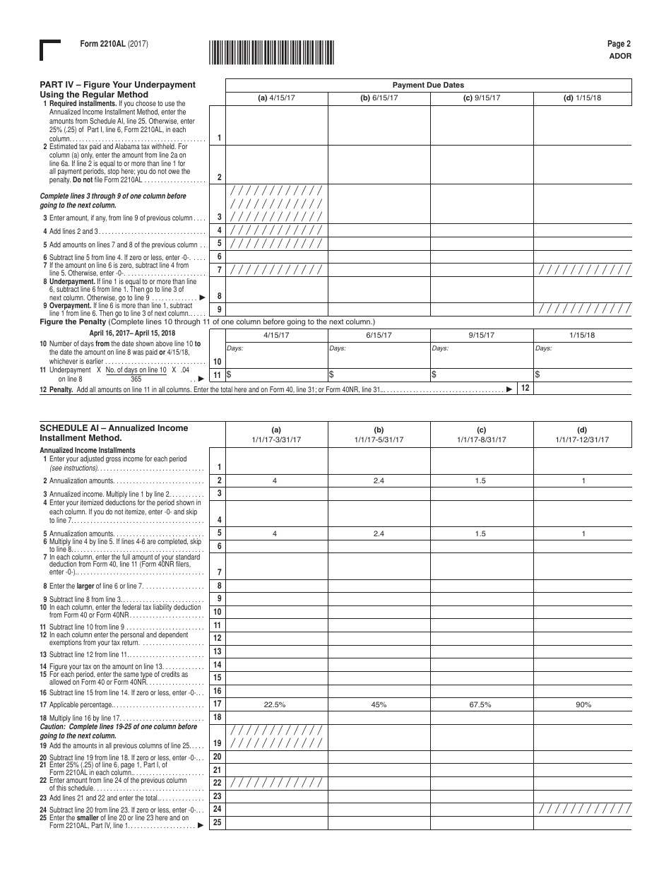 Form 2210AL Underpayment of Estimated Tax by Individuals - Alabama, Page 2