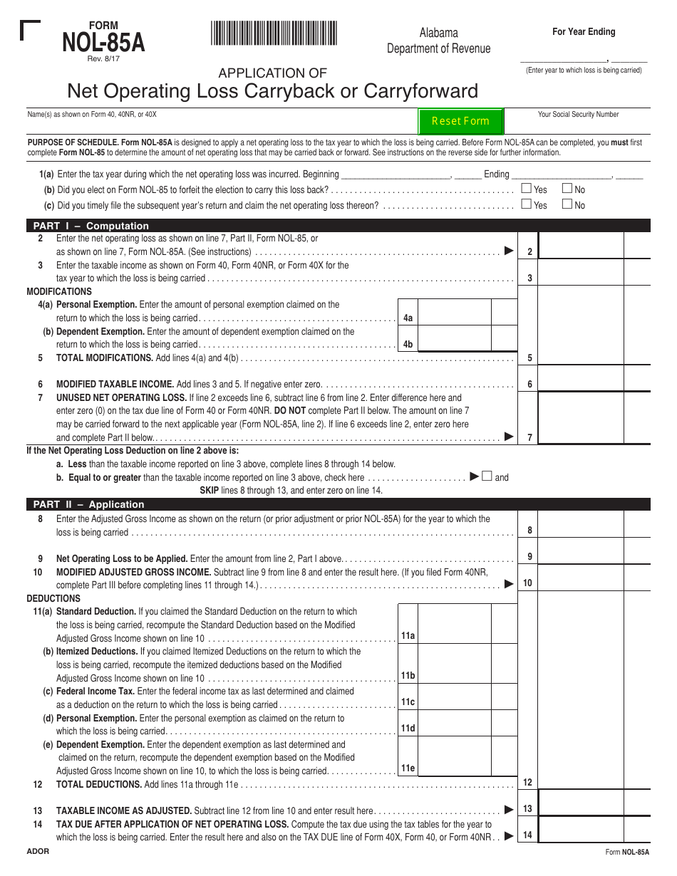 Form NOL-85A Application of Net Operating Loss Carryback or Carryforward - Alabama, Page 1