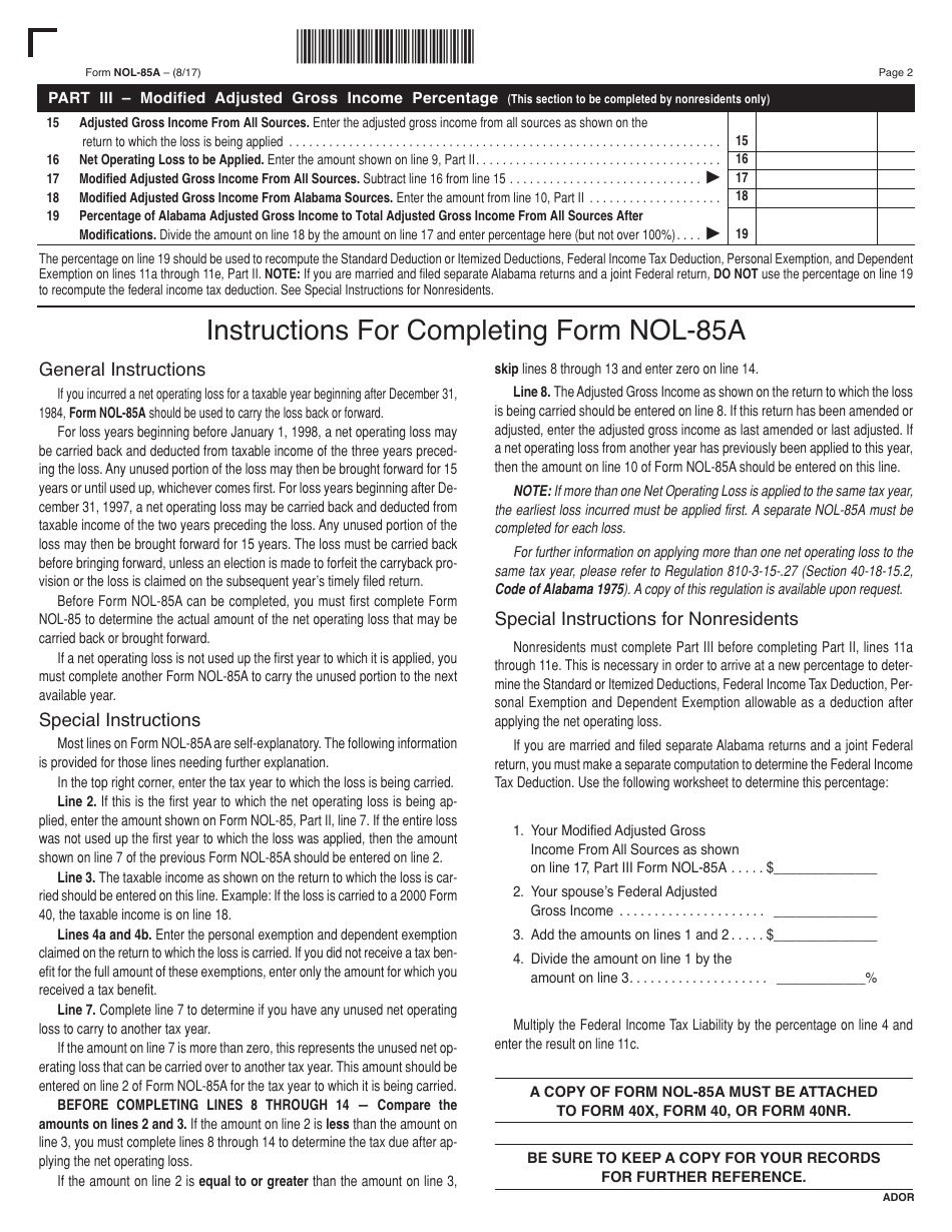 Form NOL-85A Application of Net Operating Loss Carryback or Carryforward - Alabama, Page 2