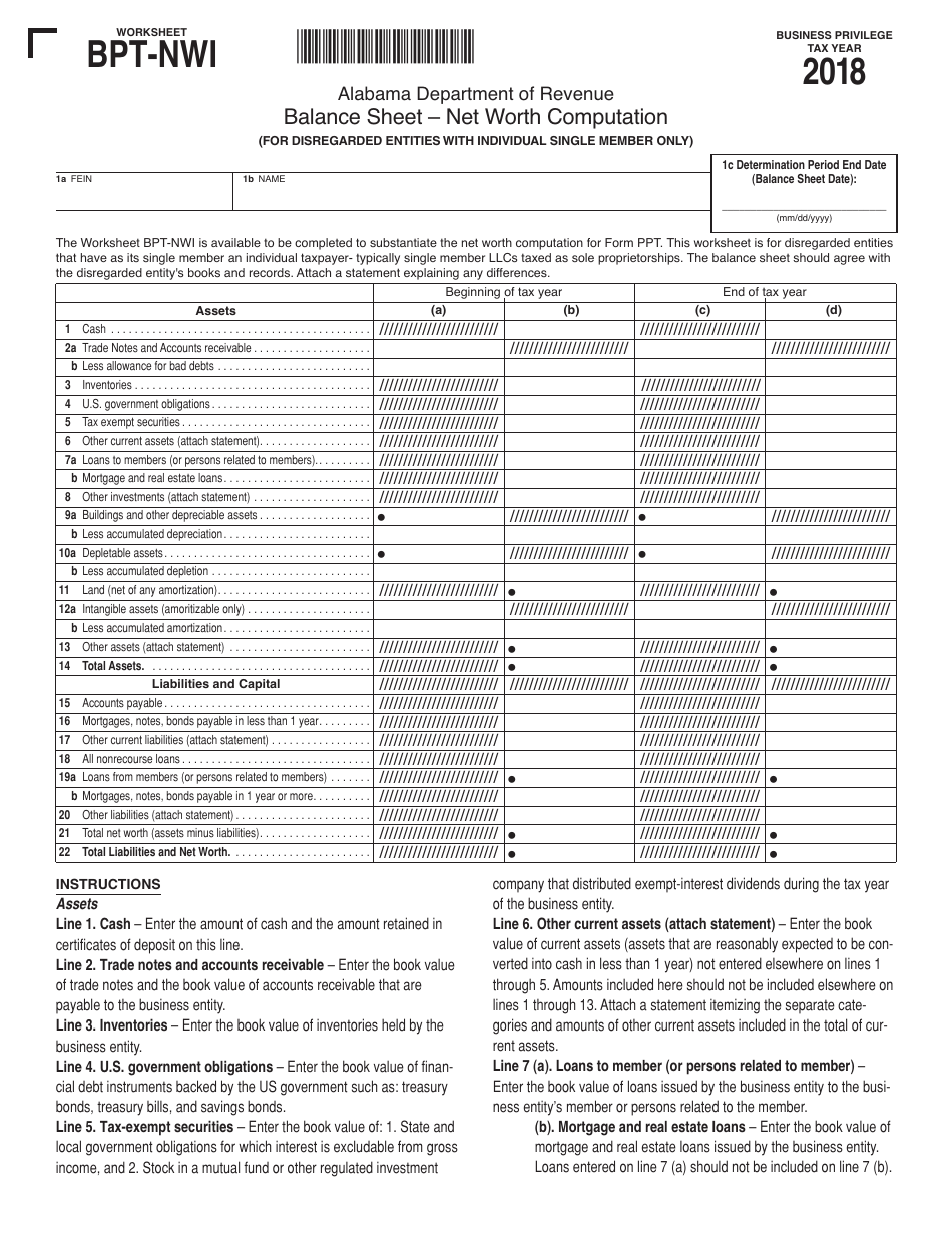 Worksheet Bpt-Nwi - Balance Sheet - Net Worth Computation - Alabama, Page 1