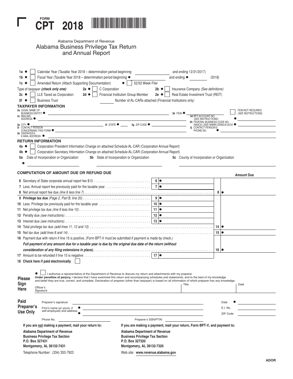 Form CPT Alabama Business Privilege Tax Return and Annual Report - Alabama, Page 1