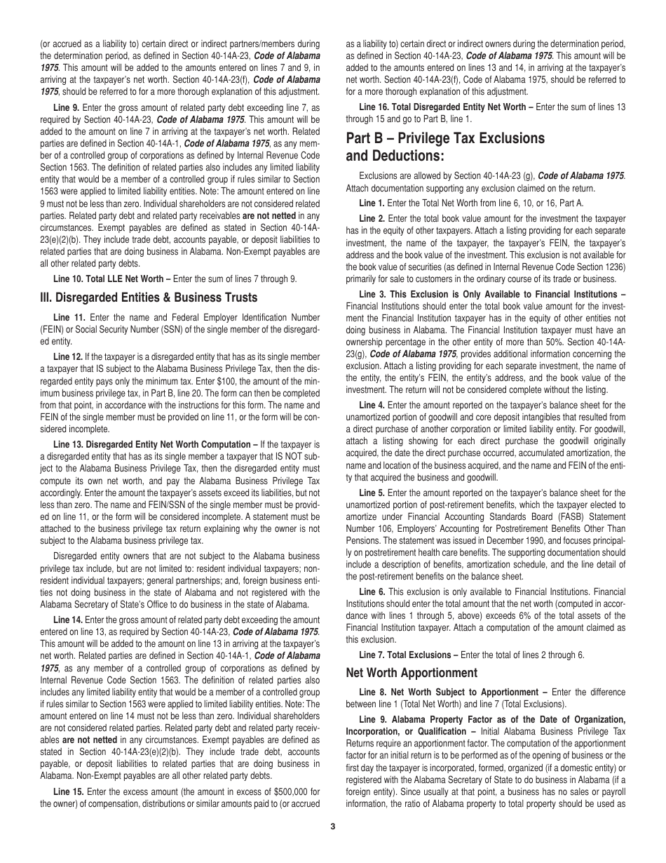 Instructions for Form BPT-IN Alabama Business Privilege Tax Initial Privilege Tax Return - Alabama, Page 3