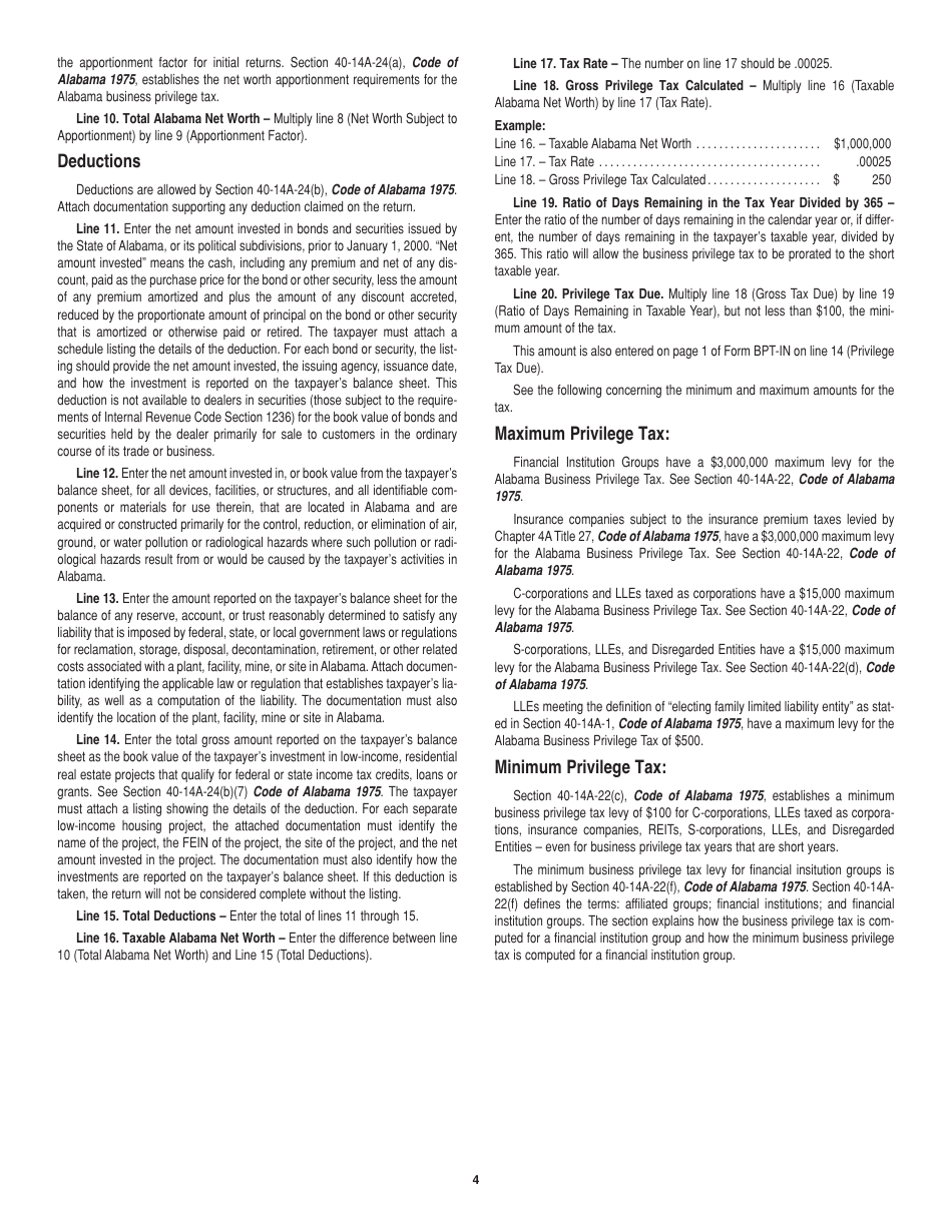 Instructions for Form BPT-IN Alabama Business Privilege Tax Initial Privilege Tax Return - Alabama, Page 4