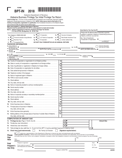 Form BPT IN Download Printable PDF Or Fill Online Alabama Business 