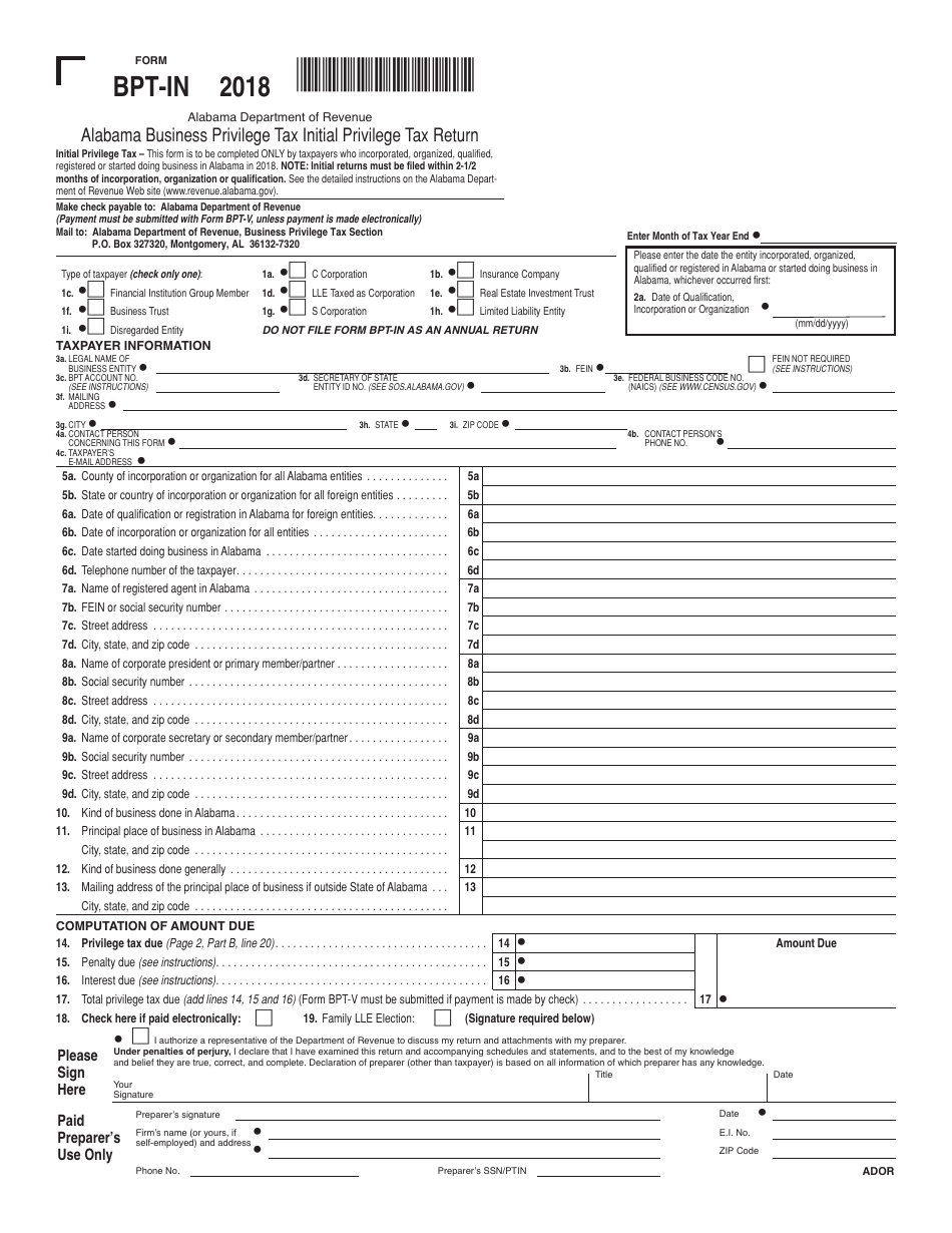 Form BPT-IN Alabama Business Privilege Tax Initial Privilege Tax Return - Alabama, Page 1
