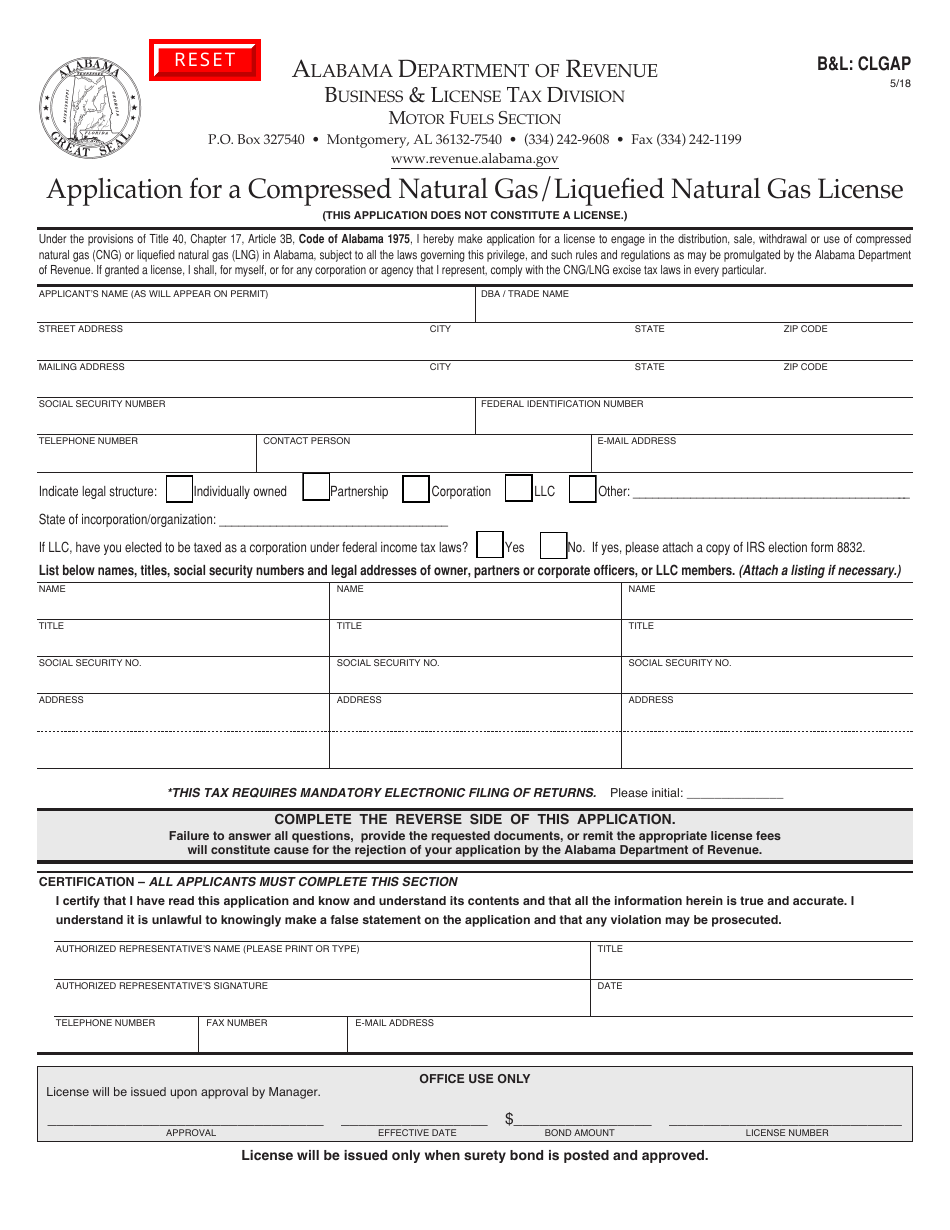 Form BL: CLGAP Application for a Compressed Natural Gas / Liquefied Natural Gas License - Alabama, Page 1