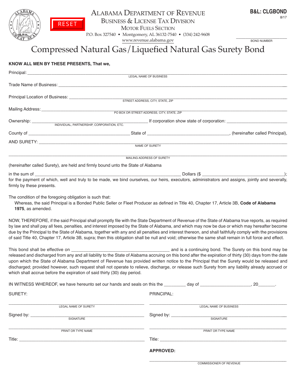 Form BL: CLGBOND Compressed Natural Gas / Liquefied Natural Gas Surety Bond - Alabama, Page 1
