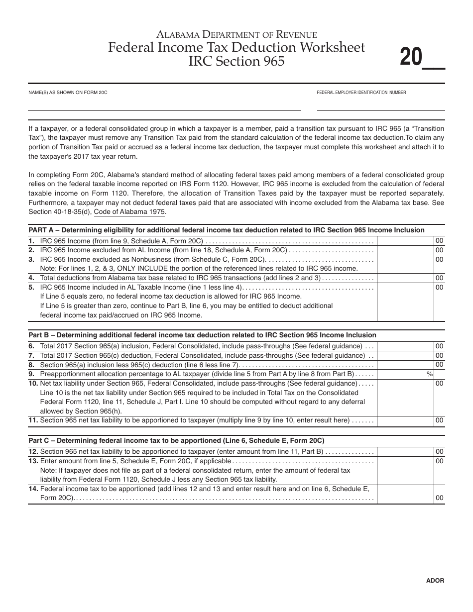 Federal Income Tax Deduction Worksheet IRC Section 965 - Alabama, Page 1