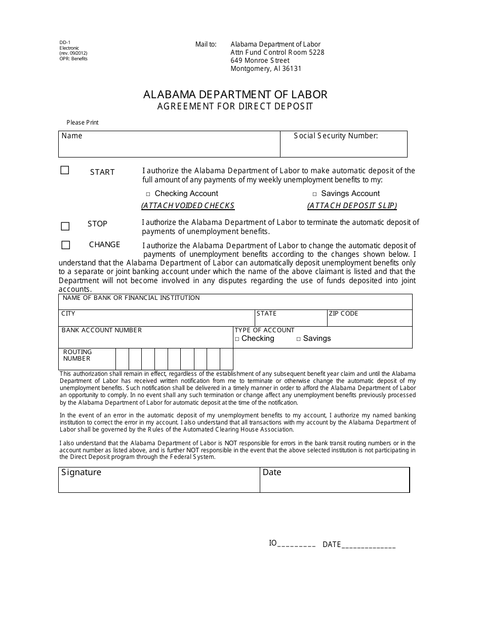 Form DD-1 Agreement for Direct Deposit - Alabama, Page 1