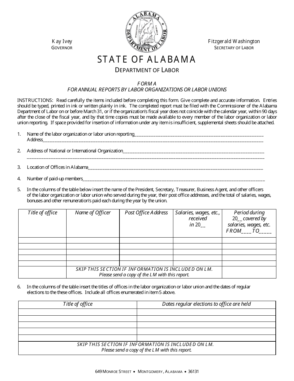 Form A Form for Annual Report by Labor Organizations or Labor Unions - Alabama, Page 1