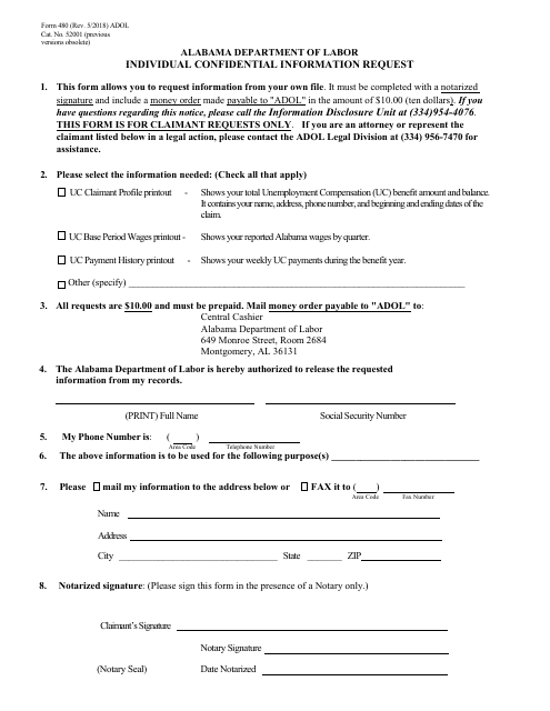 Form 480 Individual Confidential Information Request - Alabama
