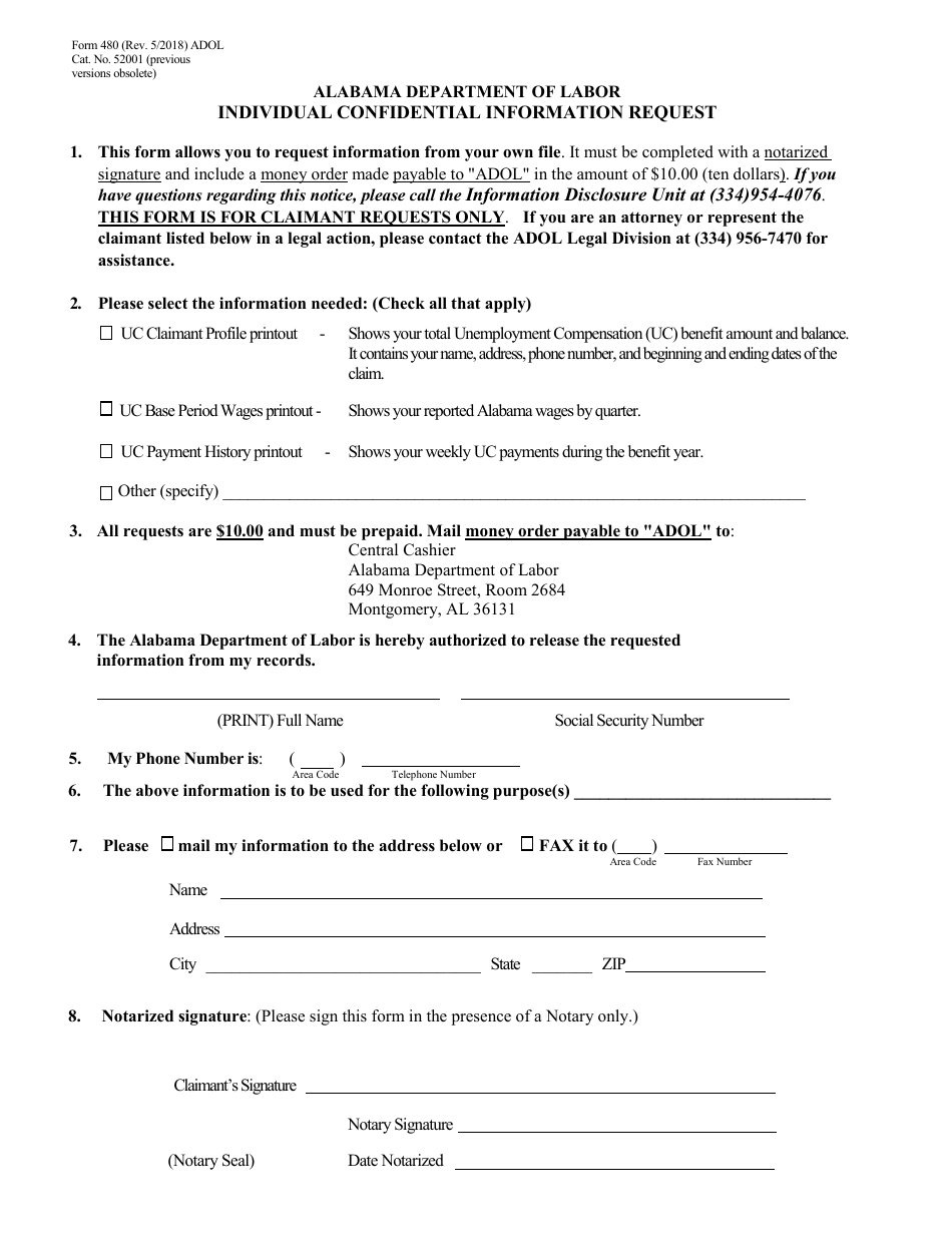 Form 480 Individual Confidential Information Request - Alabama, Page 1