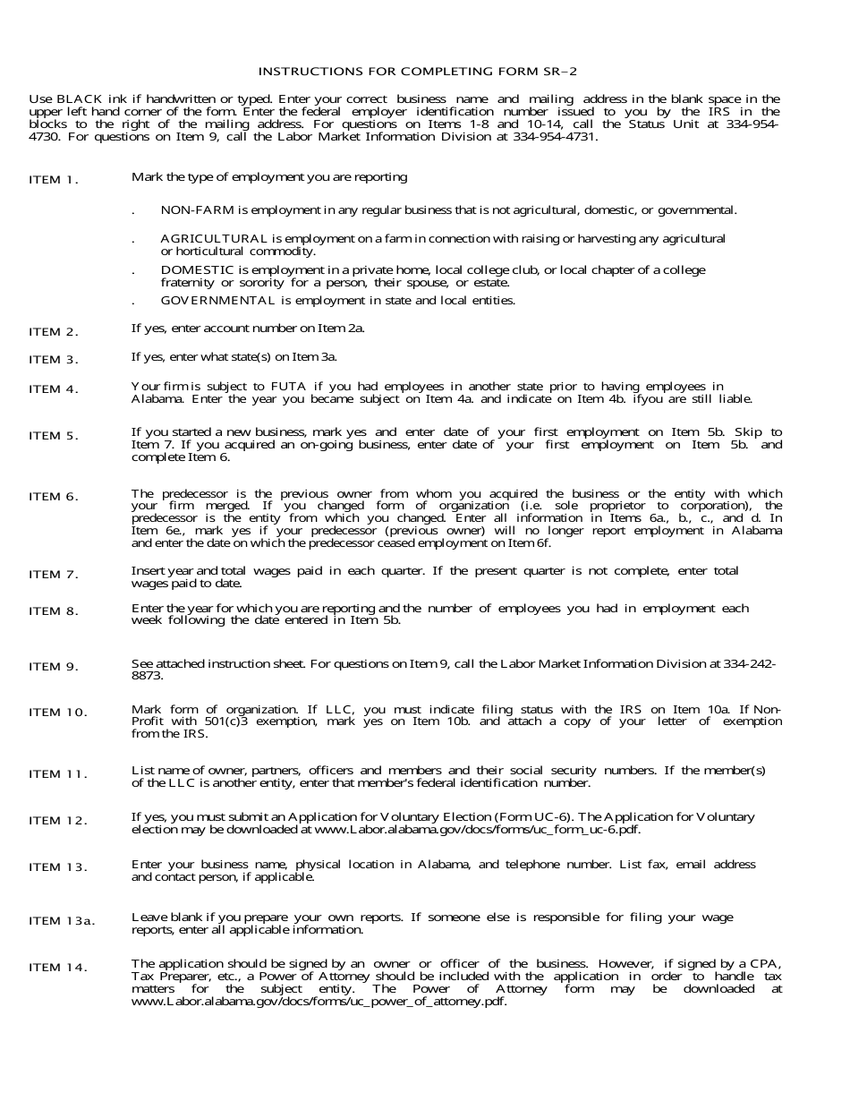 Instructions for Form SR-2 Application to Determine Liability - Alabama, Page 1