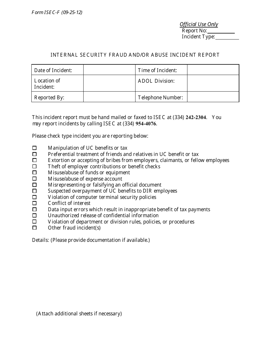 Form ISEC-F Internal Security Fraud and / or Abuse Incident Report - Alabama, Page 1