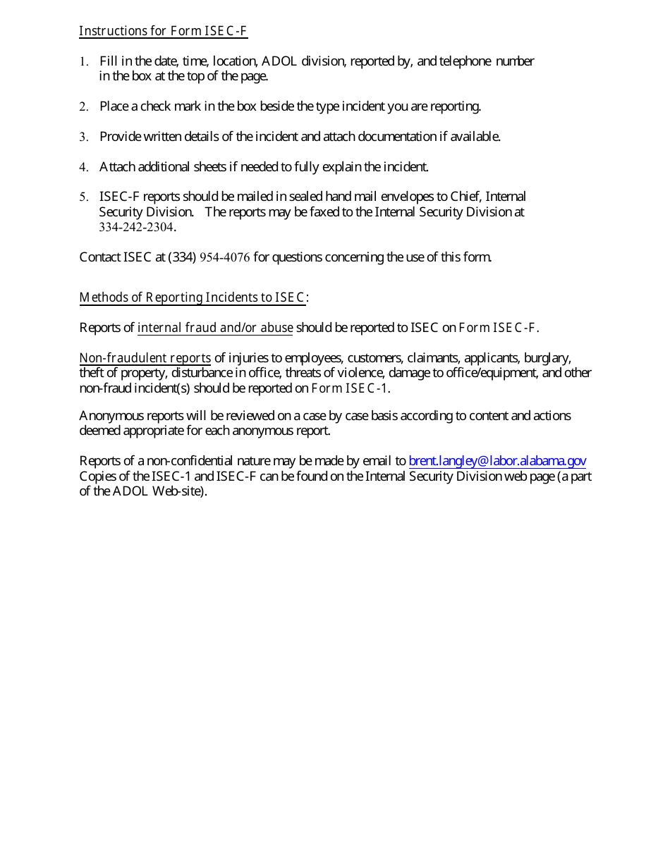 Form ISEC-F Internal Security Fraud and / or Abuse Incident Report - Alabama, Page 2