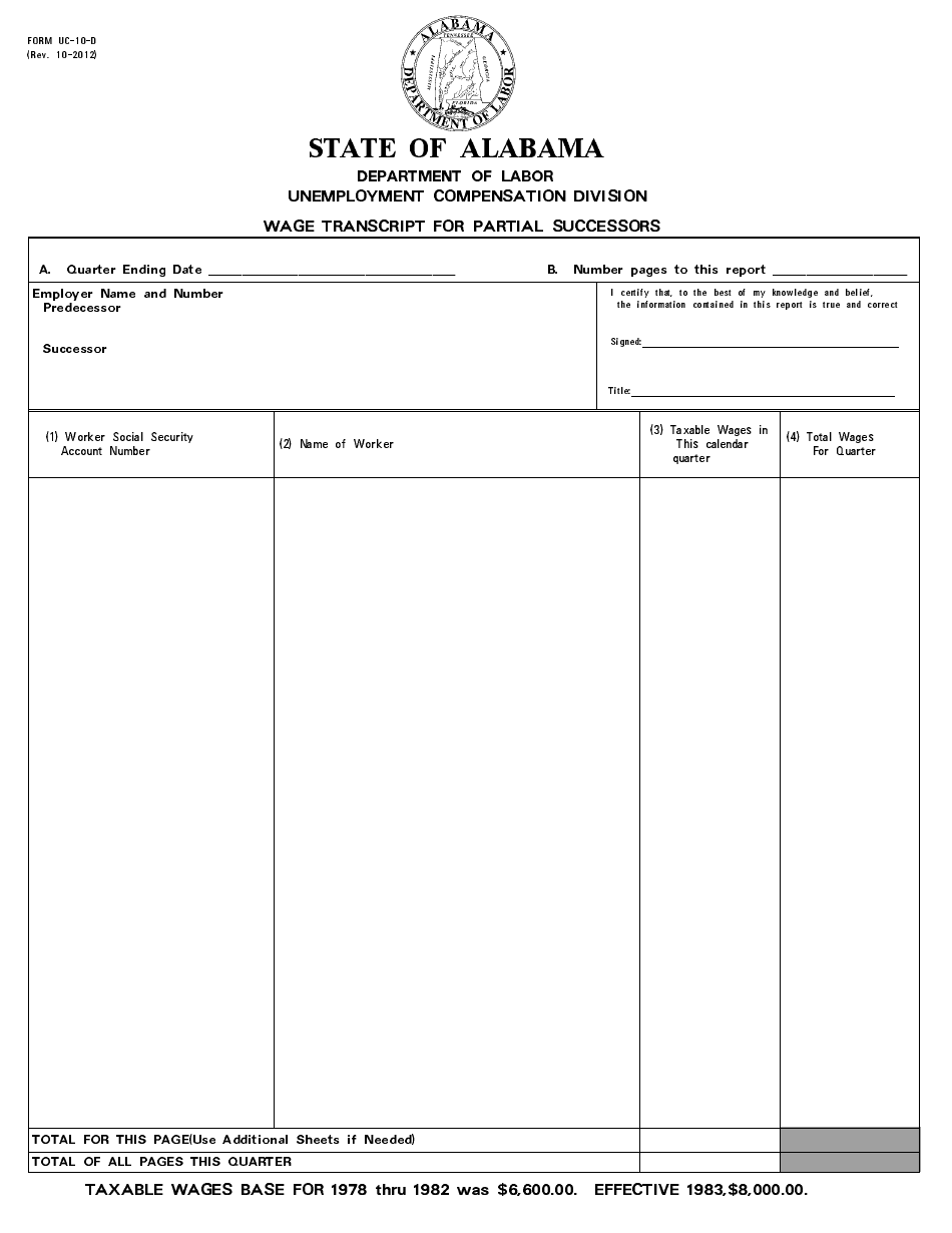 Form UC-10-D Wage Transcript for Partial Successors - Alabama, Page 1