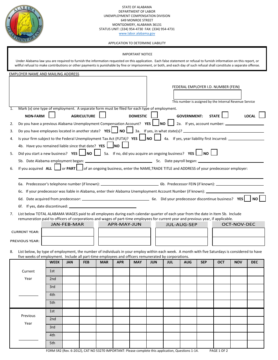 Form SR-2 Application to Determine Liability - Alabama, Page 1