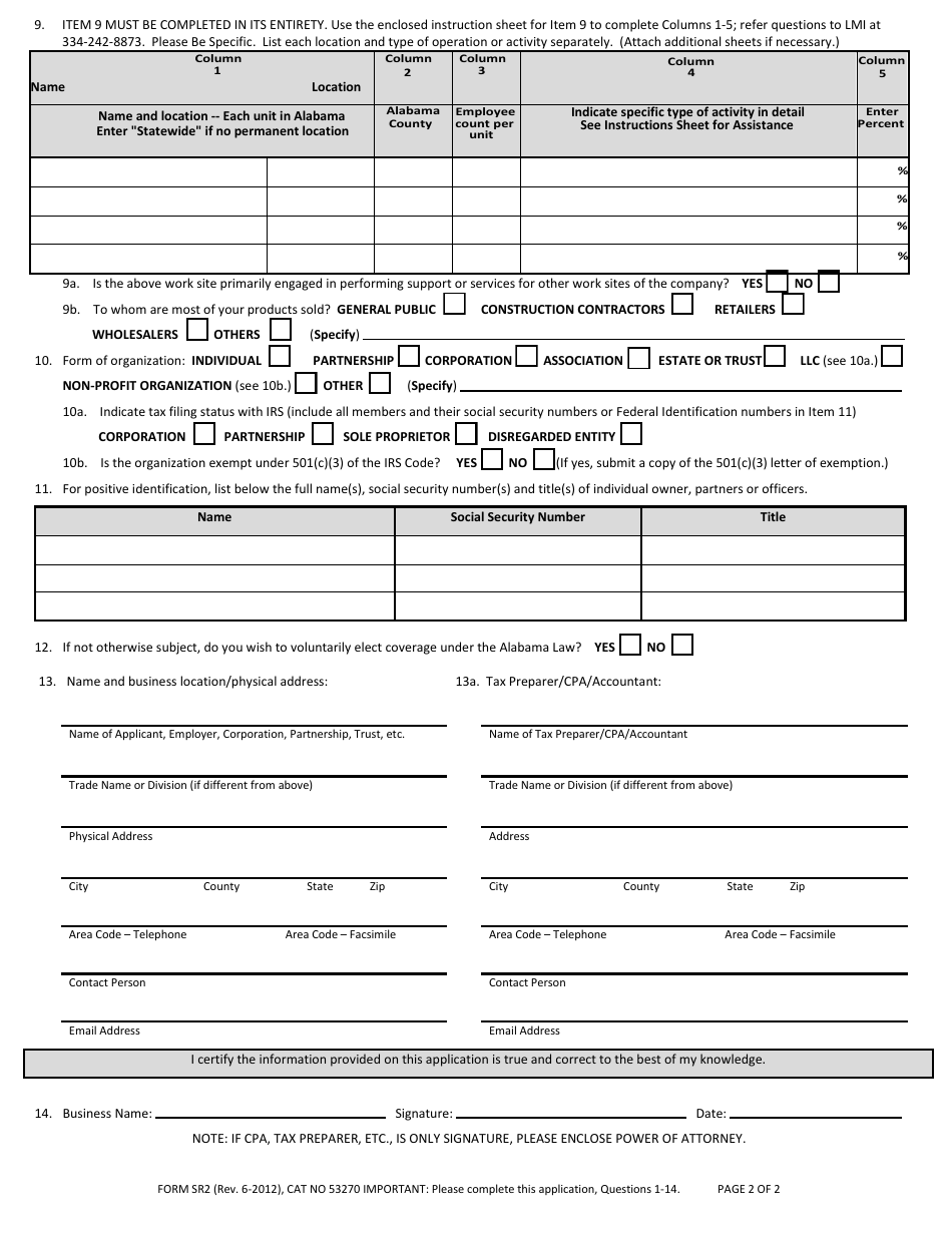 Form SR-2 Application to Determine Liability - Alabama, Page 2