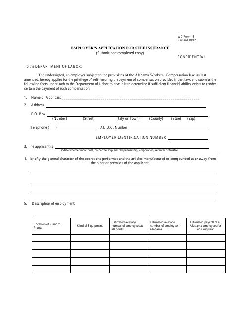 Form WC18 Employer's Application for Self Insurance - Alabama