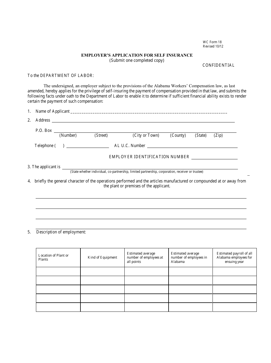 Form WC18 Employers Application for Self Insurance - Alabama, Page 1