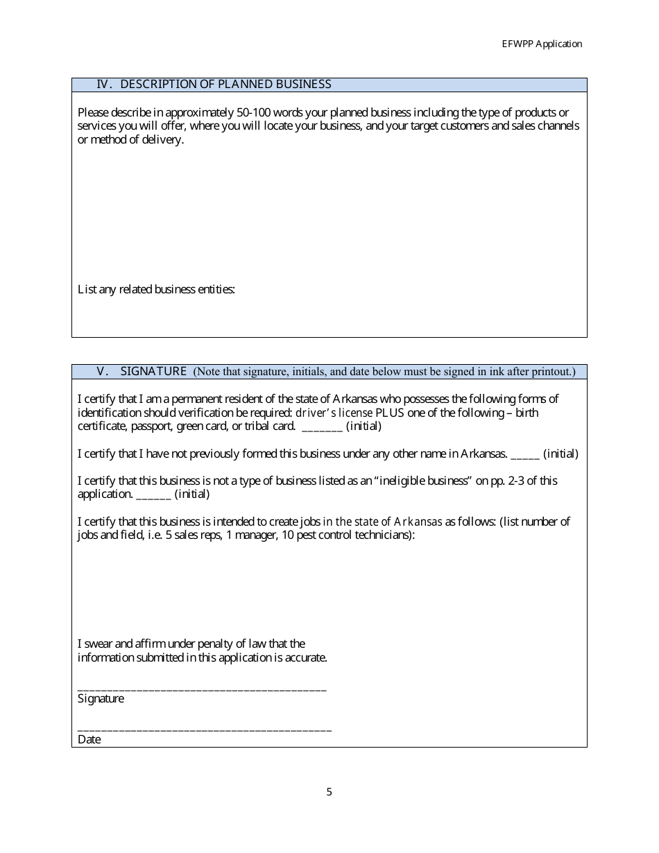 Entrepreneur Fee Waiver Pilot Program Application Form - Arkansas, Page 5