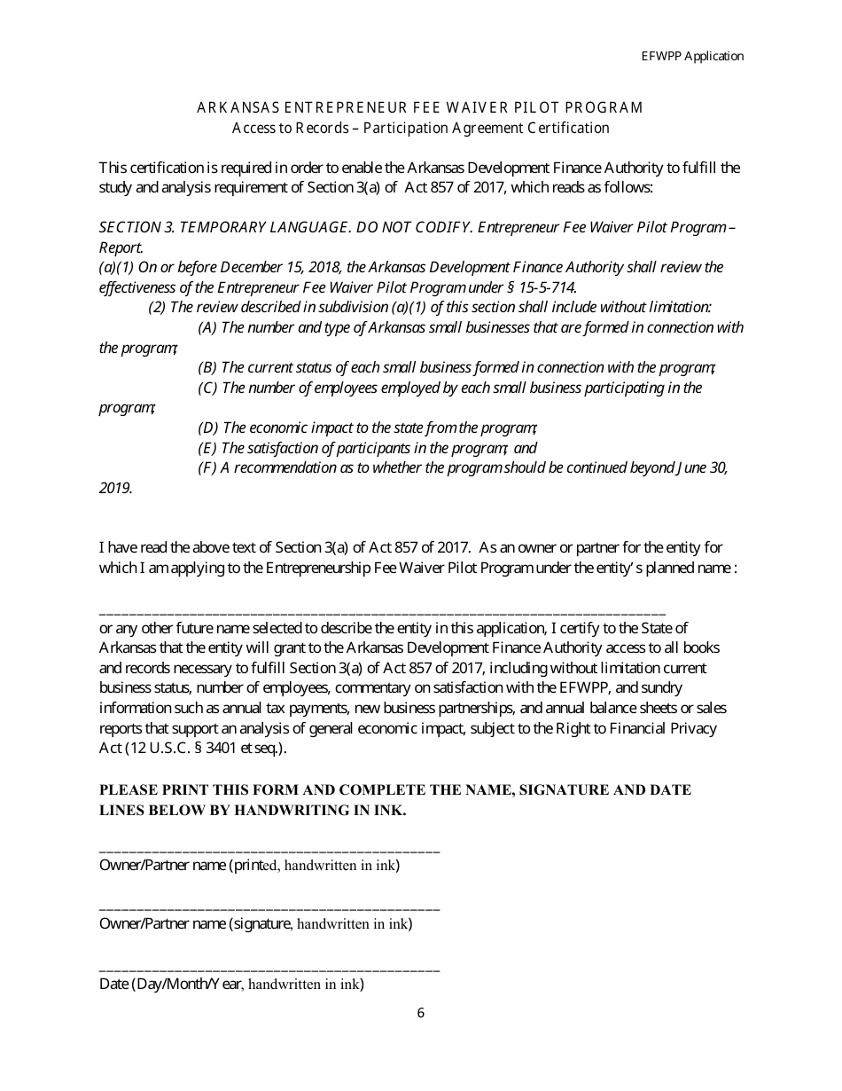 Entrepreneur Fee Waiver Pilot Program Application Form - Arkansas, Page 6