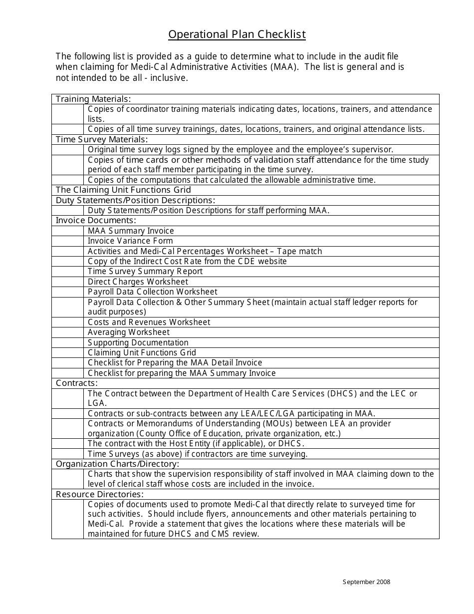Operational Plan Checklist - California, Page 1