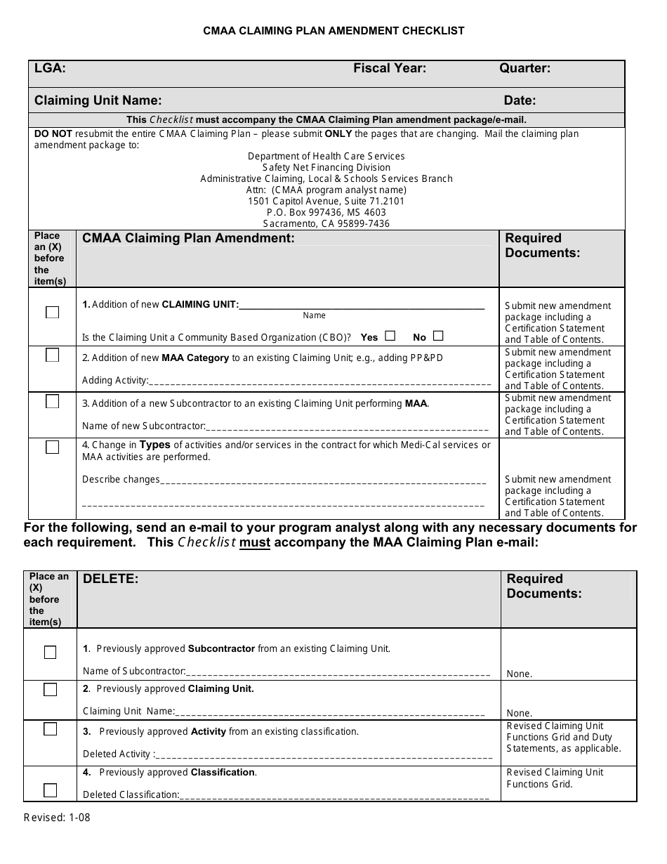 Cmaay Form California Cmaa Claiming Plan Amendment Checklist - Fill Out, Sign ...