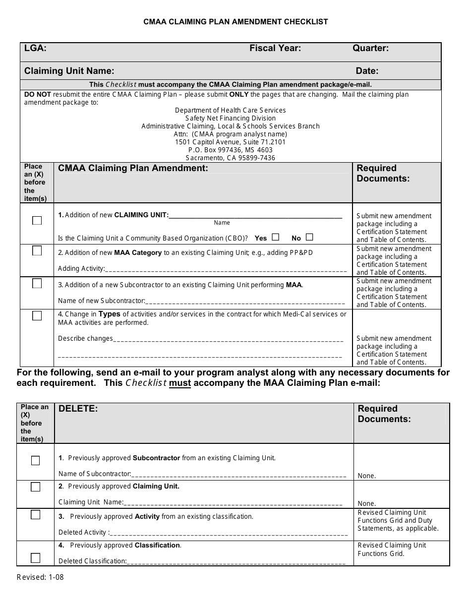 Cmaa Claiming Plan Amendment Checklist - California, Page 1