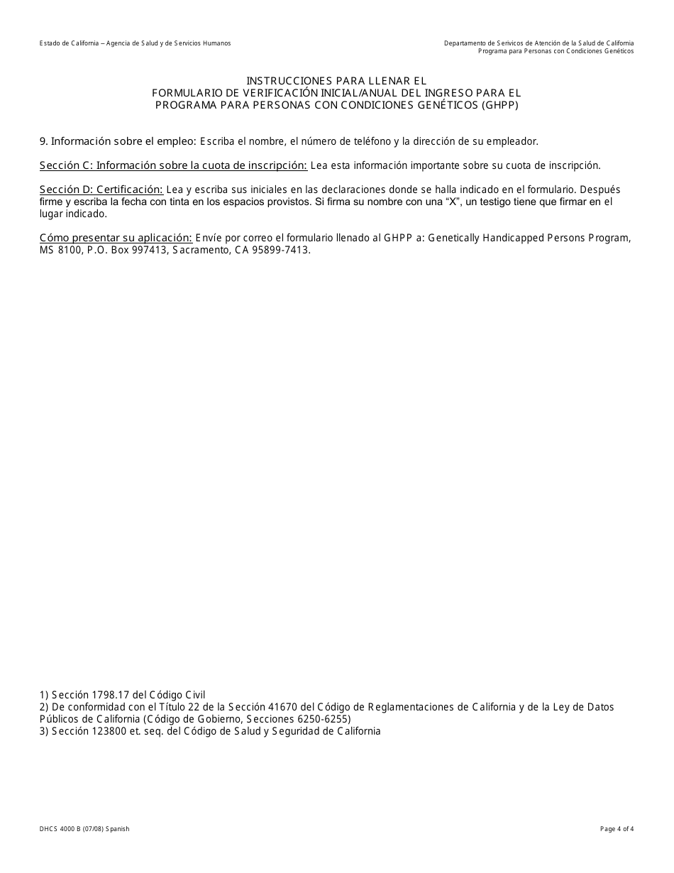 Formulario DHCS4000 A SP Programa Para Personas Discapacitadas Geneticamente Genetically Handicapped Persons Program (Ghpp) Solicitud Para Determinar Elegibilidad - California (Spanish), Page 10