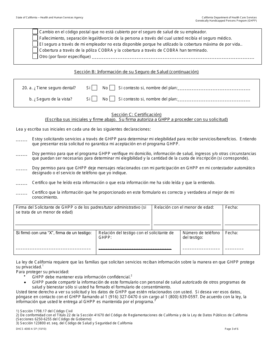 Formulario DHCS4000 A SP Programa Para Personas Discapacitadas Geneticamente Genetically Handicapped Persons Program (Ghpp) Solicitud Para Determinar Elegibilidad - California (Spanish), Page 3